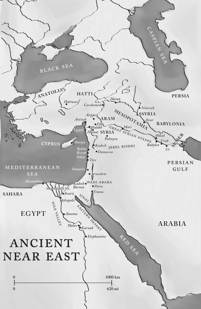 A map of the "Ancient Near East," featuring key regions and cities from the Mediterranean to Mesopotamia. Major seas like the Mediterranean, Black Sea, Caspian Sea, and Red Sea are highlighted, along with ancient civilizations such as Egypt, Assyria, Babylon, and Persia. Prominent cities like Jerusalem, Damascus, Nineveh, and Ur are labeled, as well as geographic areas like Anatolia, Cyprus, and Arabia. The map emphasizes key cultural and political centers from antiquity, spanning from Egypt to modern-day Iraq and Iran.