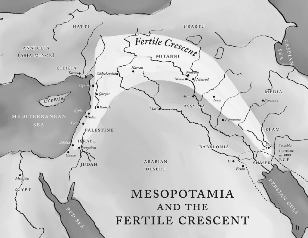 This image is a map showing Mesopotamia and the Fertile Crescent, highlighting ancient regions and cities. The Fertile Crescent is shaded, indicating the area of fertile land stretching from the Persian Gulf, through Mesopotamia (Babylonia, Assyria), and along the Mediterranean coast, encompassing Palestine and Israel. Major cities such as Nineveh, Assur, Babylon, Jerusalem, and Ur are marked, along with regions like Elam, Media, and Egypt. The map focuses on the ancient centers of civilization in this historically rich region, often called the cradle of civilization.