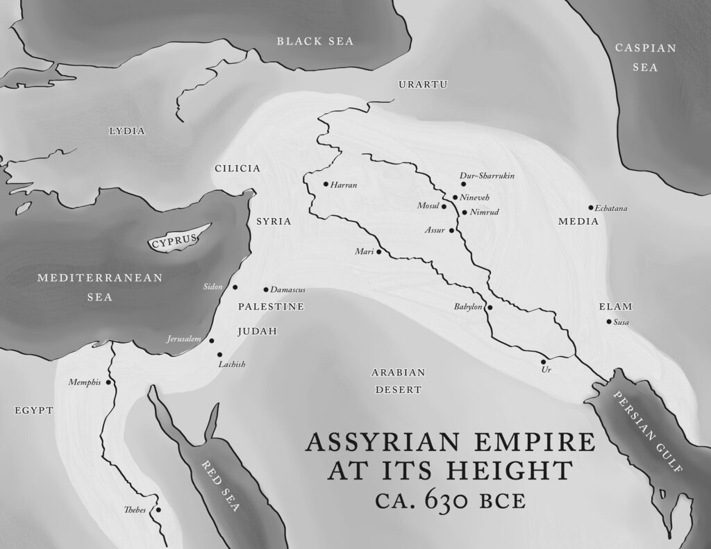 A map depicting the "Assyrian Empire at its Height" around 630 BCE. It covers a vast region from the eastern Mediterranean (Palestine, Judah, and Syria) through Mesopotamia, including key cities like Nineveh, Assur, Nimrud, Babylon, and Dur-Sharrukin. The map also shows neighboring areas such as Media, Elam, and Egypt. The shaded area represents the extent of the Assyrian Empire, showcasing its dominance over much of the ancient Near East, from Cyprus to the Persian Gulf.