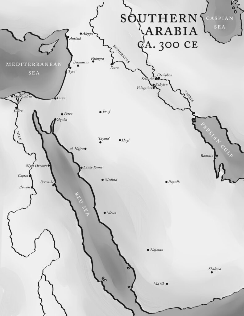 This map, titled Southern Arabia ca. 300 CE, highlights key locations in the Arabian Peninsula and surrounding regions. It shows the geographical layout of major cities, trade routes, and regions, including the Mediterranean Sea to the northwest, the Persian Gulf to the east, and the Red Sea running along the western edge. Major cities and trade centers like Mecca, Medina, Gaza, Tyre, Damascus, and Palmyra are marked, along with important regional entities such as Babylon, Alexandria, and Seleucia. The map provides a view of Southern Arabia's interconnectedness with broader trade networks.