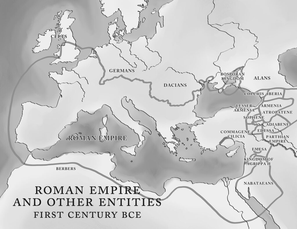 Roman Empire and Other Entities (1st Century BCE): This map illustrates the Roman Empire's extent, covering Europe, parts of Africa, and the Mediterranean, alongside neighboring regions like Armenia, Parthian Empire, and Arabia. Key regions include Roman Britain, Gaul, and Dacia.