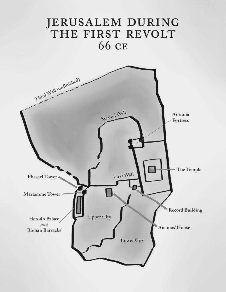 This map titled "Jerusalem During the First Revolt, 66 CE" displays the layout of ancient Jerusalem during the First Jewish–Roman War. It outlines key structures such as: Phasael Tower, Mariamme Tower, Herod’s Palace and Roman Barracks, Second Wall and First Wall, Third Wall (unfinished), Antonia Fortress, The Temple, Upper City and Lower City, Record Building, Ananias' House.
The map highlights Jerusalem's  defensive structures and central buildings during this tumultuous period.