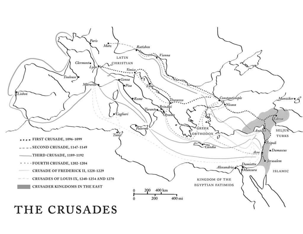 This is a map of Europe and the Mediterranean during the Crusades, highlighting various routes and locations involved in these campaigns. It illustrates multiple Crusades, including the First (1096-1099), Second (1147-1149), and Third (1189-1192) Crusades, as well as later efforts such as the Fourth Crusade (1202-1204) and those of Frederick II and Louis IX. Key cities like Rome, Antioch, Jerusalem, and Constantinople are marked, along with regions controlled by the Seljuk Turks and the Crusader kingdoms in the East. The map emphasizes the wide geographic range of the Crusader movements.