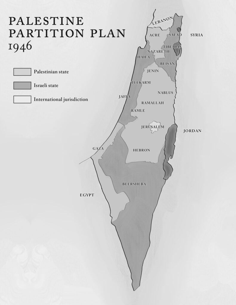 This is a map titled "Palestine Partition Plan 1946," showing territorial divisions in the region. It uses different shades to represent the proposed Palestinian state (light grey), Israeli state (darker grey), and areas under international jurisdiction (white). Major cities such as Jerusalem, Jaffa, Haifa, and Gaza are labeled, alongside geographic references like neighboring countries Lebanon, Syria, Jordan, and Egypt. The map reflects the proposed partition of Palestine before the establishment of Israel in 1948.