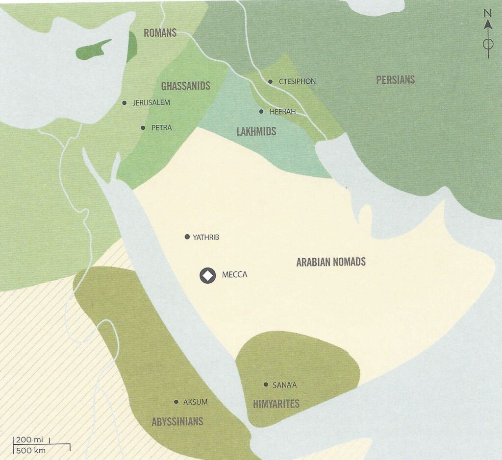 Southern Arabia (ca. 300 CE): This map shows the Arabian Peninsula and surrounding regions, including key cities like Mecca, Medina, and Petra. It marks the Red Sea, Persian Gulf, and significant historical cities of the time like Ctesiphon, Palmyra, and Antioch.