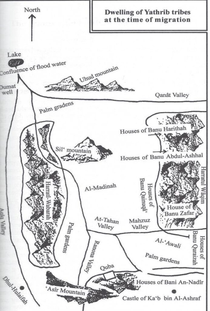 This map details the "Dwelling of Yathrib Tribes at the Time of Migration," focusing on the city of Yathrib (modern-day Medina). The map highlights key locations such as Uhud Mountain, Sil' Mountain, and Al-Madinah, as well as several valleys and palm gardens. It depicts the tribal settlements, including the houses of Banu Harithah, Banu Abdul-Ashhal, Banu Quraizah, and Banu Nadir. Also noted are the Castle of Ka'b bin Al-Ashraf and the confluence of floodwaters near a lake, offering a geographical view of the time.